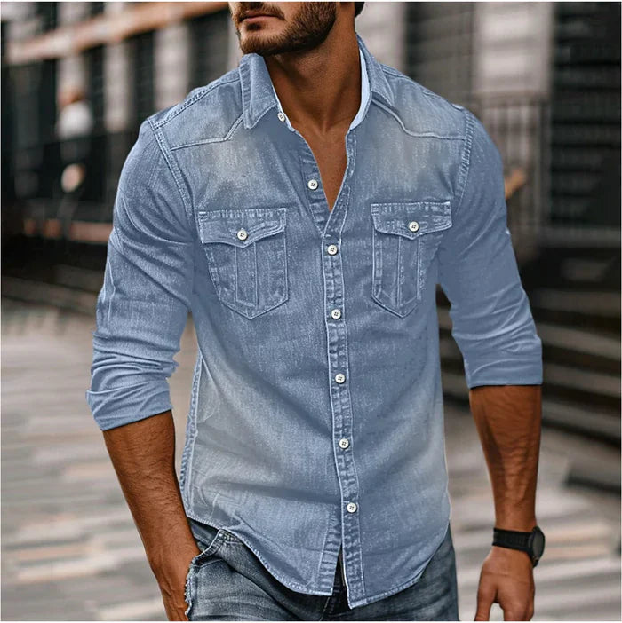 Men's Denim Shirt - Slim Fit Snap Button Western - Light Blue