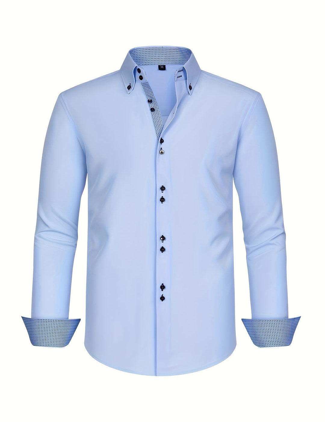 Men's Double-Breasted Stretch Shirt - Light Blue with Contrast Cuffs - Blue