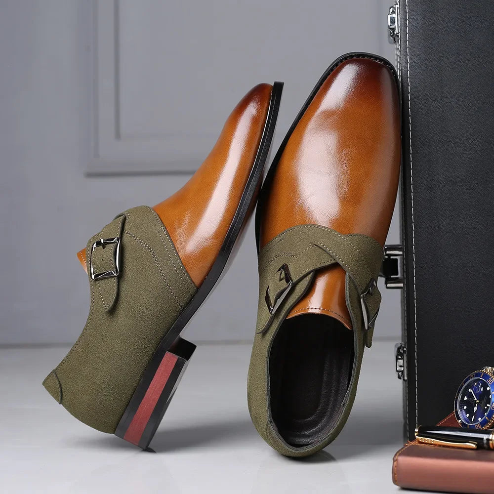 Men's Dual Monk Strap Loafers - Breathable Vegan Leather - Green