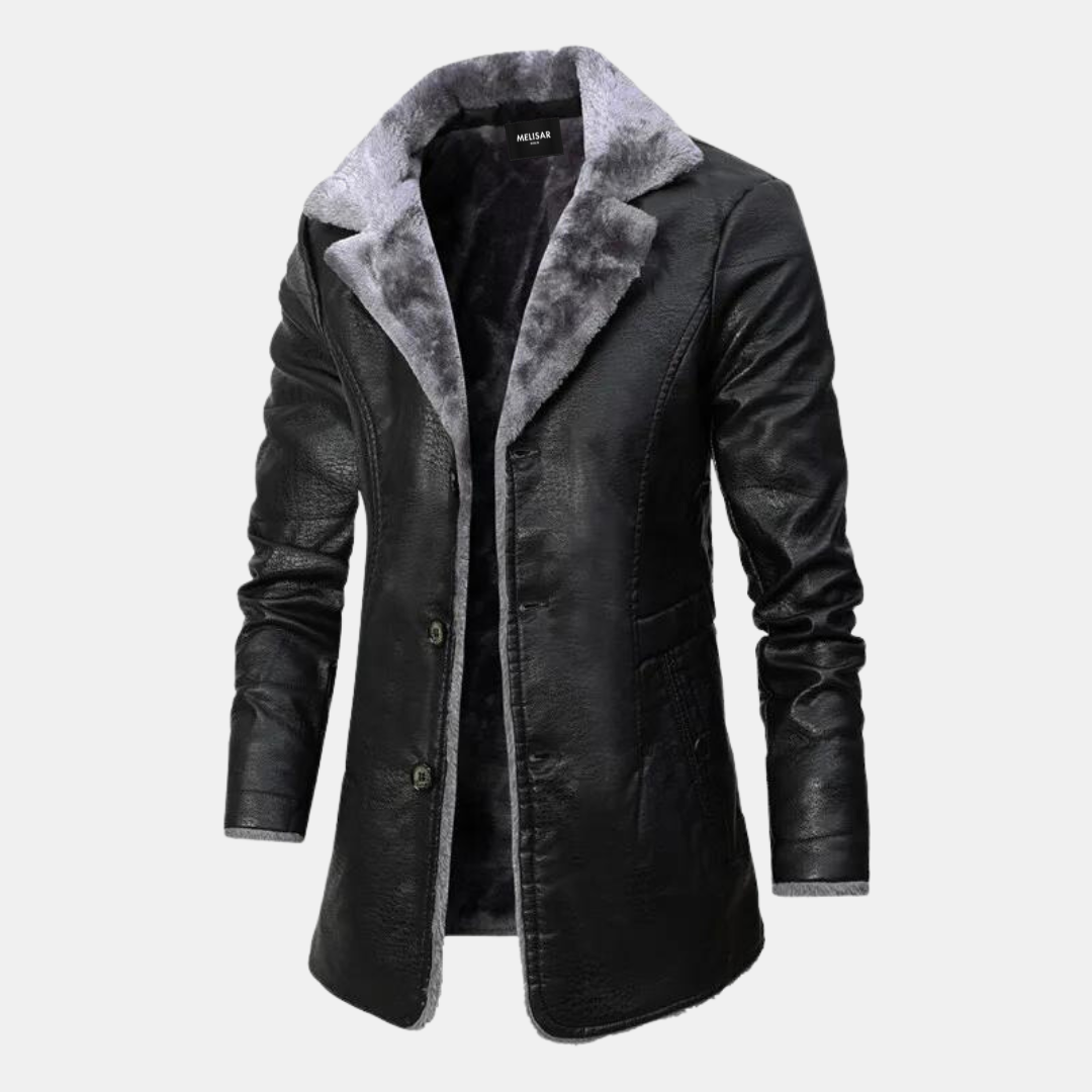 Men's Faux Leather Bomber Jacket with Sherpa Lining - Black - Black