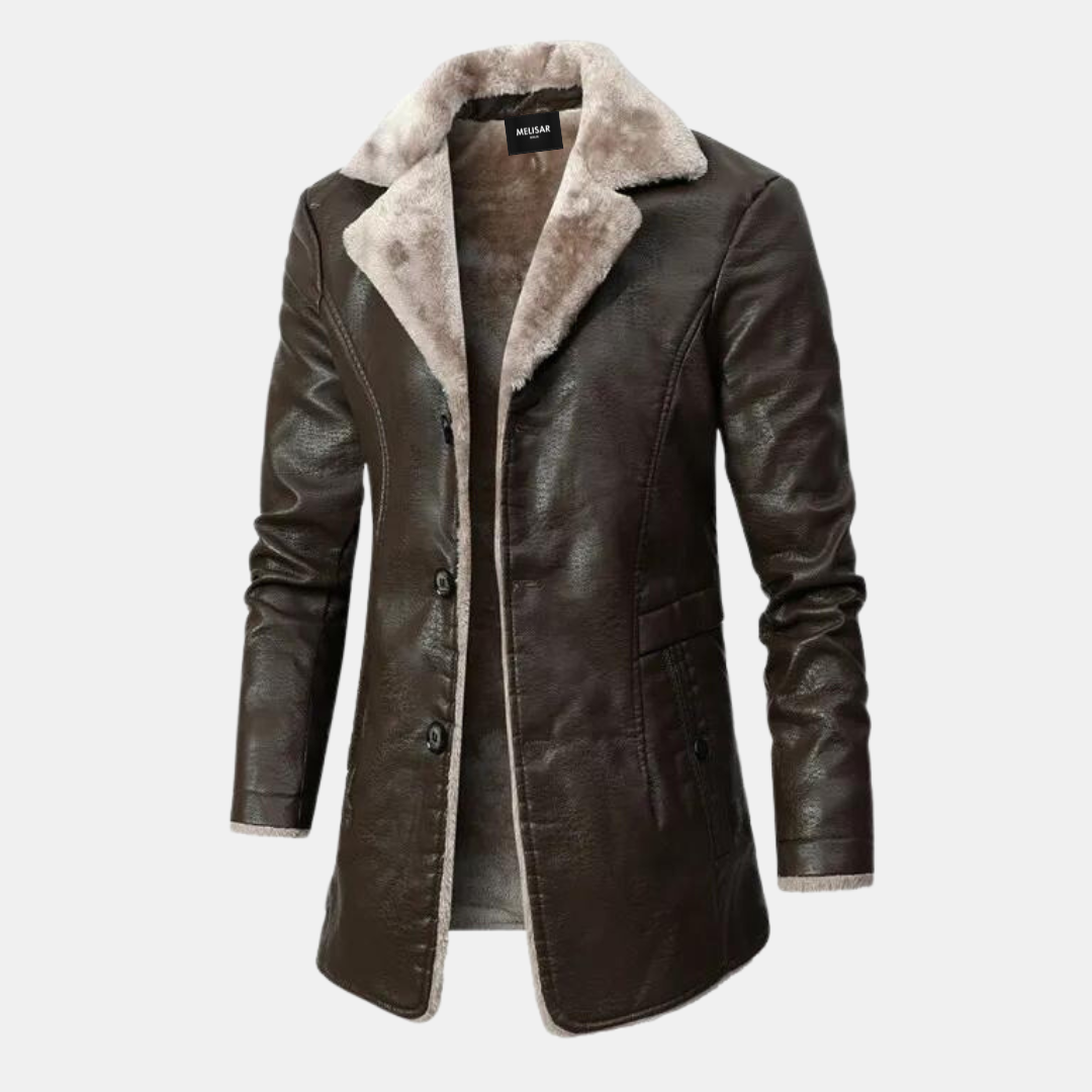 Men's Faux Leather Bomber Jacket with Sherpa Lining - Black - Brown