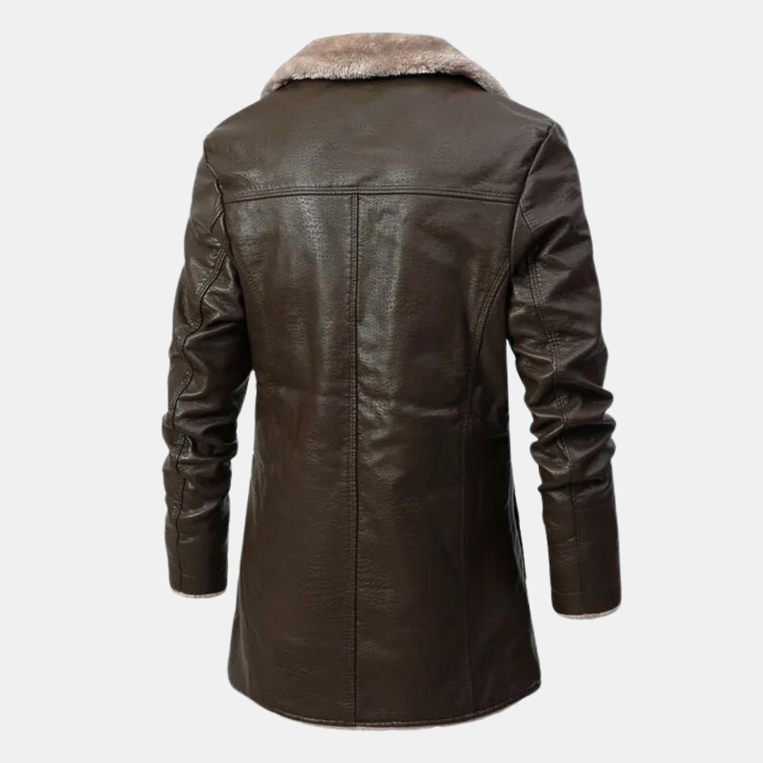 Men's Faux Leather Bomber Jacket with Sherpa Lining - Black