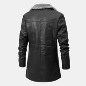 Men's Faux Leather Bomber Jacket with Sherpa Lining - Black
