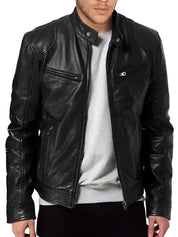 Men's Faux Leather Winter Jacket - Casual Zip & Pocket Design - Black