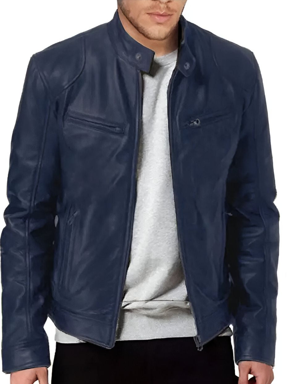 Men's Faux Leather Winter Jacket - Casual Zip & Pocket Design - Blue