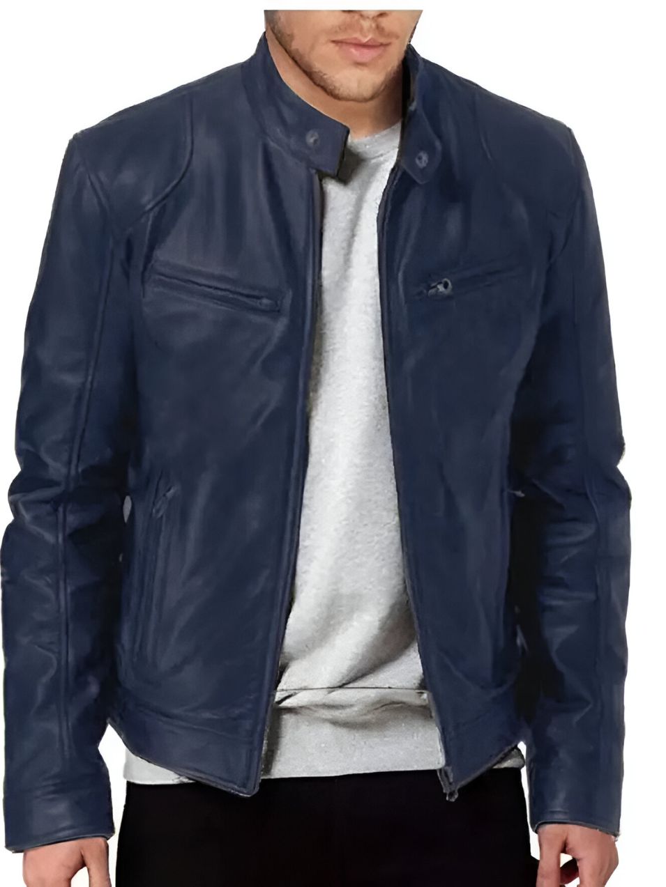 Men's Faux Leather Winter Jacket - Casual Zip & Pocket Design - Blue
