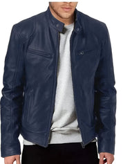 Men's Faux Leather Winter Jacket - Casual Zip & Pocket Design - Blue