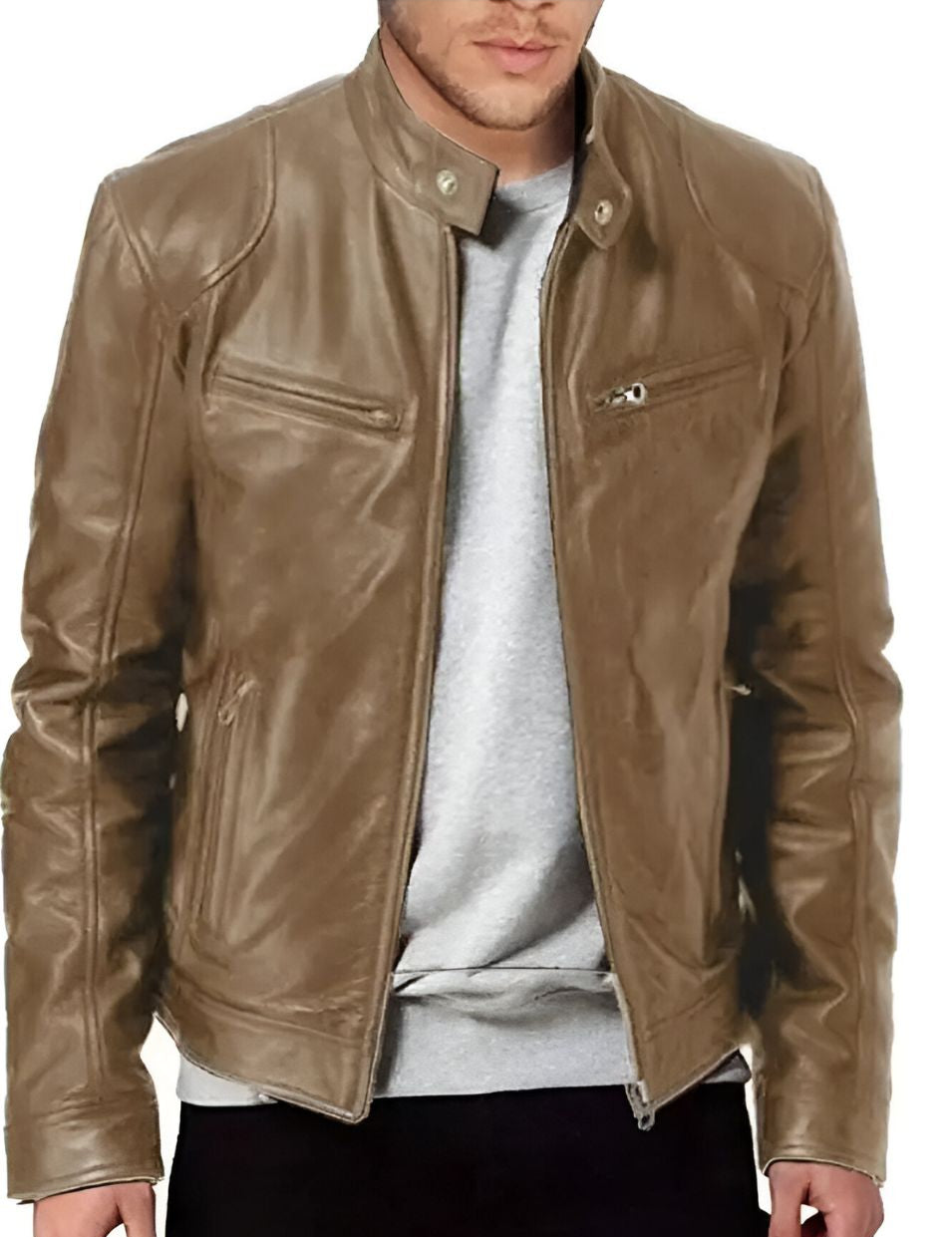 Men's Faux Leather Winter Jacket - Casual Zip & Pocket Design - Brown