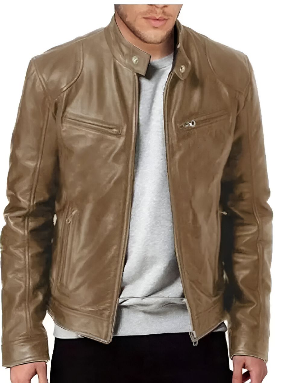 Men's Faux Leather Winter Jacket - Casual Zip & Pocket Design - Brown