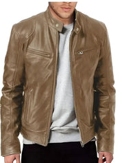 Men's Faux Leather Winter Jacket - Casual Zip & Pocket Design - Brown