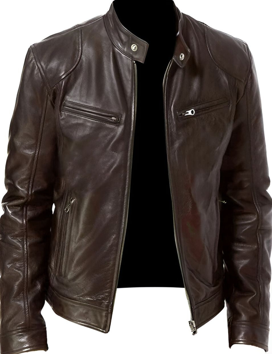 Men's Faux Leather Winter Jacket - Casual Zip & Pocket Design - Dark Brown