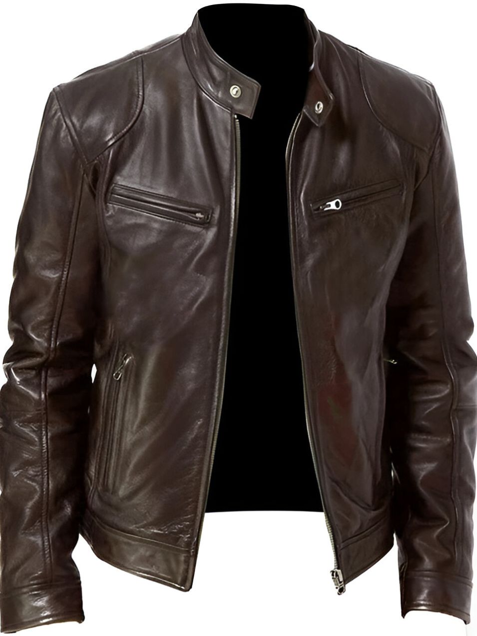 Men's Faux Leather Winter Jacket - Casual Zip & Pocket Design - Dark Brown