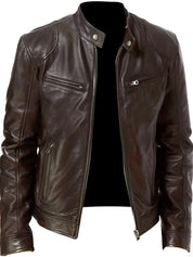 Men's Faux Leather Winter Jacket - Casual Zip & Pocket Design - Dark Brown