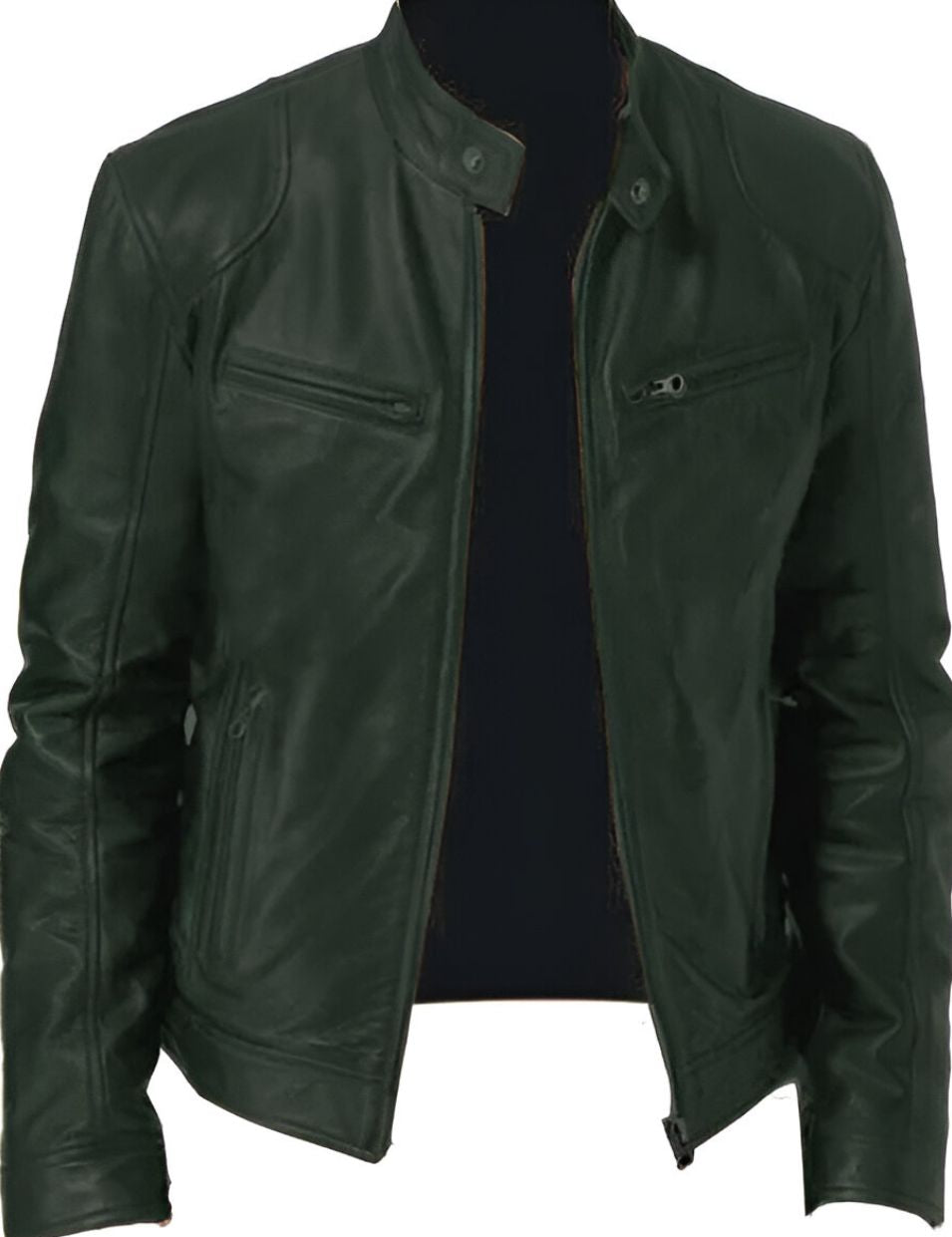 Men's Faux Leather Winter Jacket - Casual Zip & Pocket Design - Green
