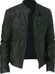 Men's Faux Leather Winter Jacket - Casual Zip & Pocket Design - Green