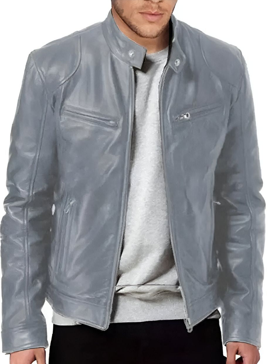 Men's Faux Leather Winter Jacket - Casual Zip & Pocket Design - Grey