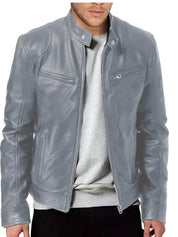 Men's Faux Leather Winter Jacket - Casual Zip & Pocket Design - Grey