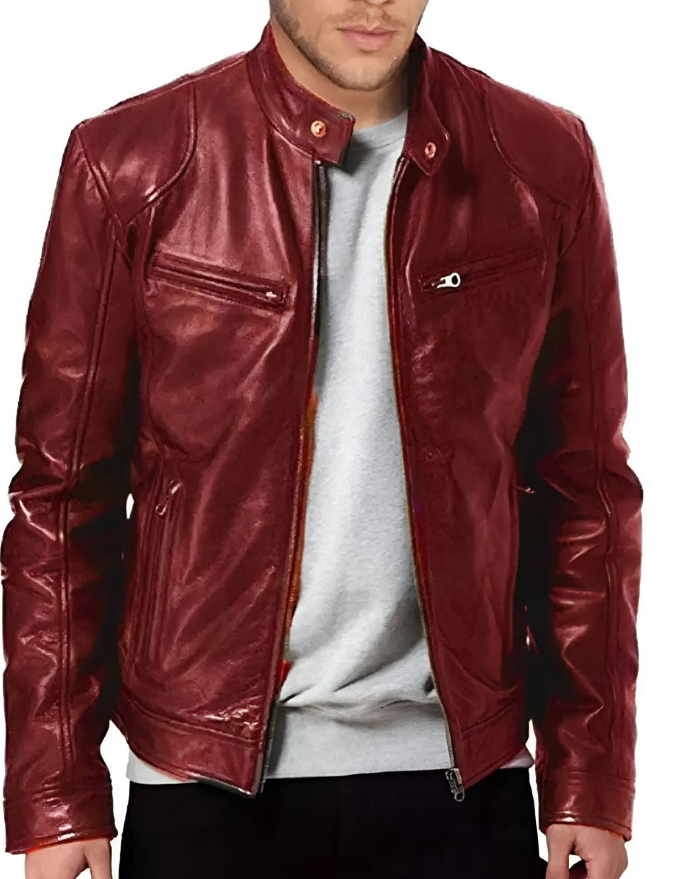 Men's Faux Leather Winter Jacket - Casual Zip & Pocket Design - Red