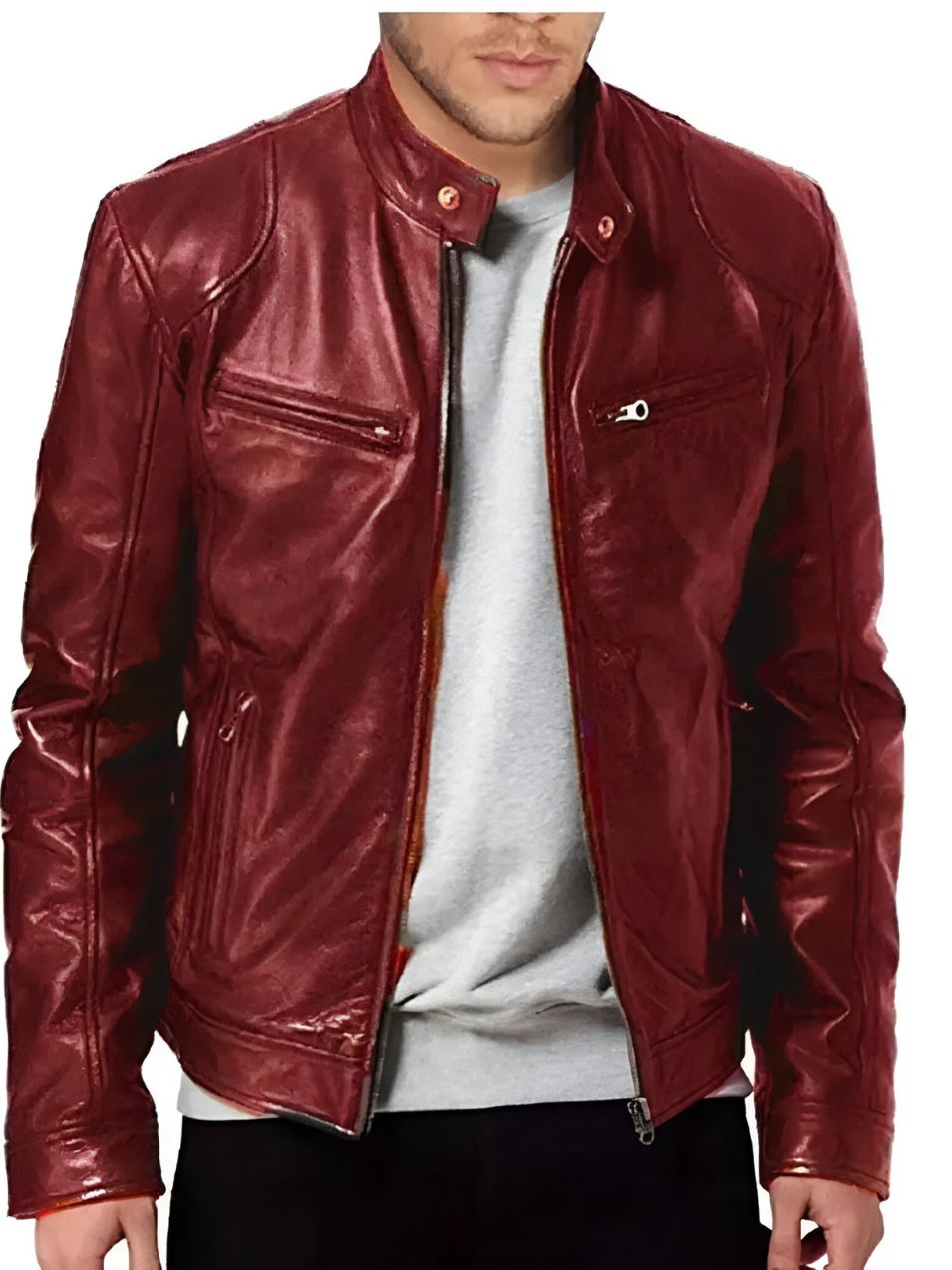Men's Faux Leather Winter Jacket - Casual Zip & Pocket Design - Red