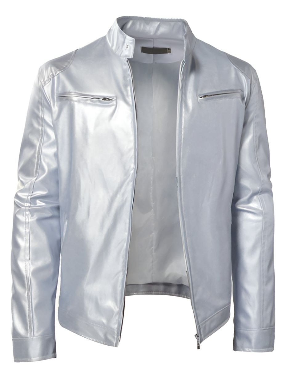 Men's Faux Leather Winter Jacket - Casual Zip & Pocket Design - White