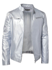 Men's Faux Leather Winter Jacket - Casual Zip & Pocket Design - White