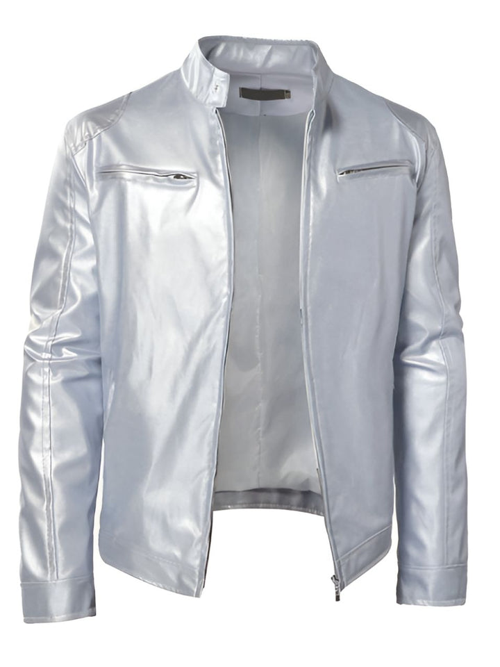 Men's Faux Leather Winter Jacket - Casual Zip & Pocket Design - White