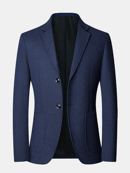 Men's Fine Check Wool Look Blazer – Regular Fit Notched Lapel Jacket - Navy