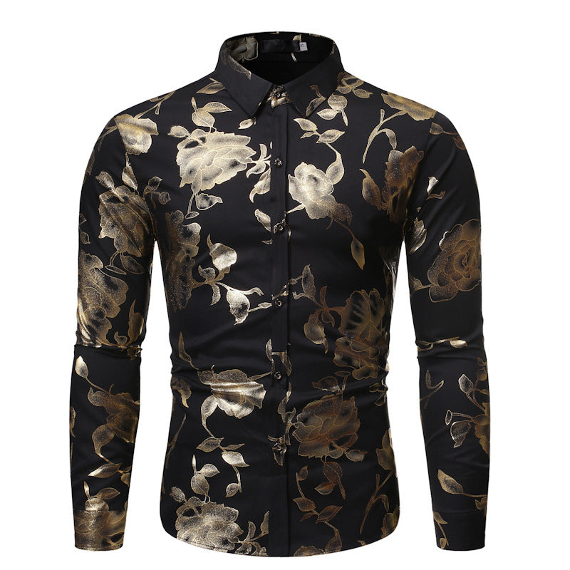Men's Floral Print Long Sleeve Shirt - Party & Casual - Black