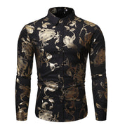 Men's Floral Print Long Sleeve Shirt - Party & Casual - Black