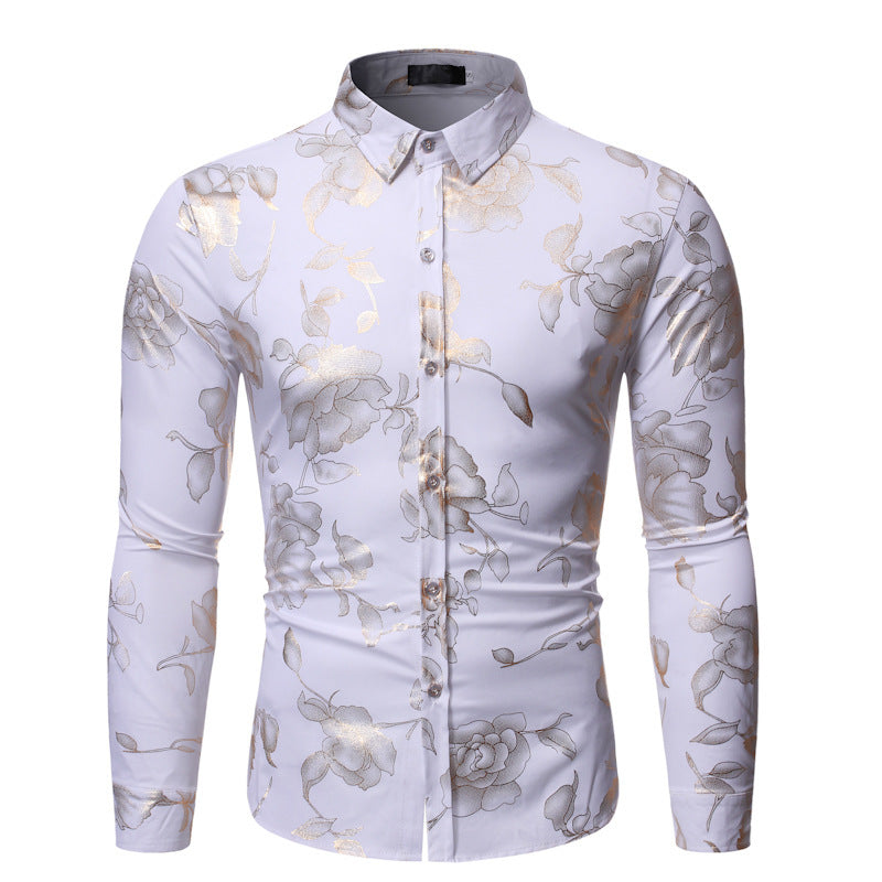 Men's Floral Print Long Sleeve Shirt - Party & Casual - White