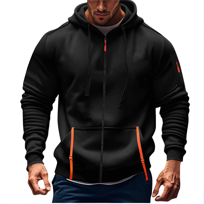 Men's Full-Zip Hoodie - Sporty Casual Sweater - Black