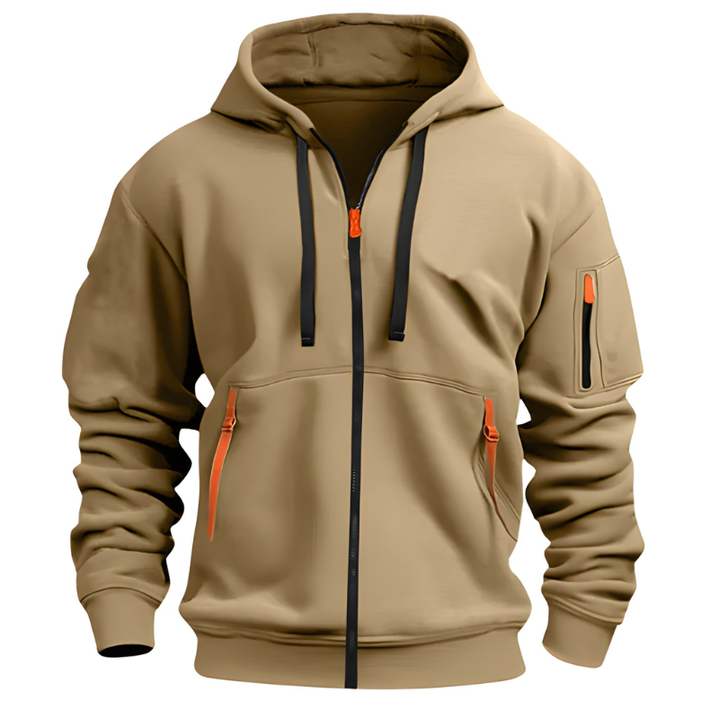 Men's Full-Zip Hoodie - Sporty Casual Sweater - Khaki