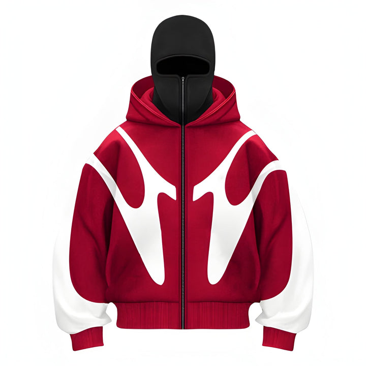 Men's Full-Zip Hoodie with Graphic Design - Modern Streetwear - Red-White