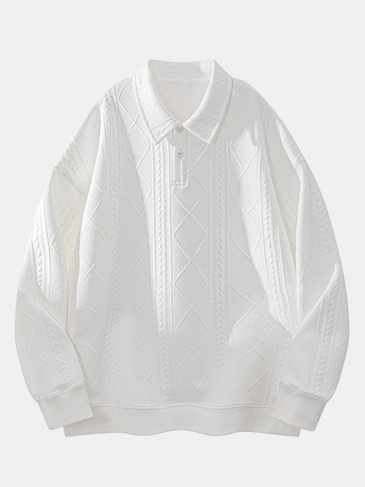 Men's Geometric Jacquard Polo Sweatshirt in white, Relaxed Fit Diamond Pattern