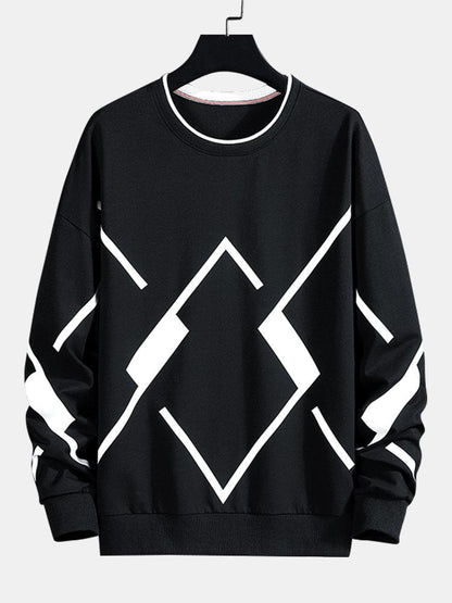Men's Geometric Print Crew Neck Sweatshirt in black, Relaxed Fit