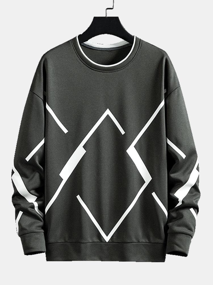Men's Geometric Print Crew Neck Sweatshirt in dark grey, Relaxed Fit