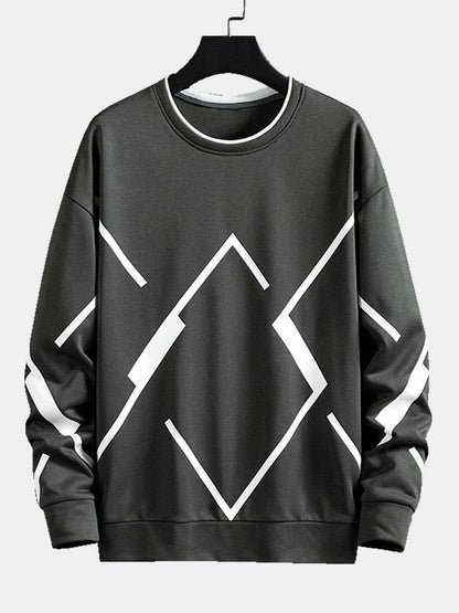 Men's Geometric Print Crew Neck Sweatshirt in dark grey, Relaxed Fit