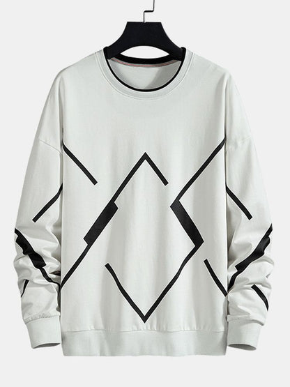 Men's Geometric Print Crew Neck Sweatshirt in white, Relaxed Fit