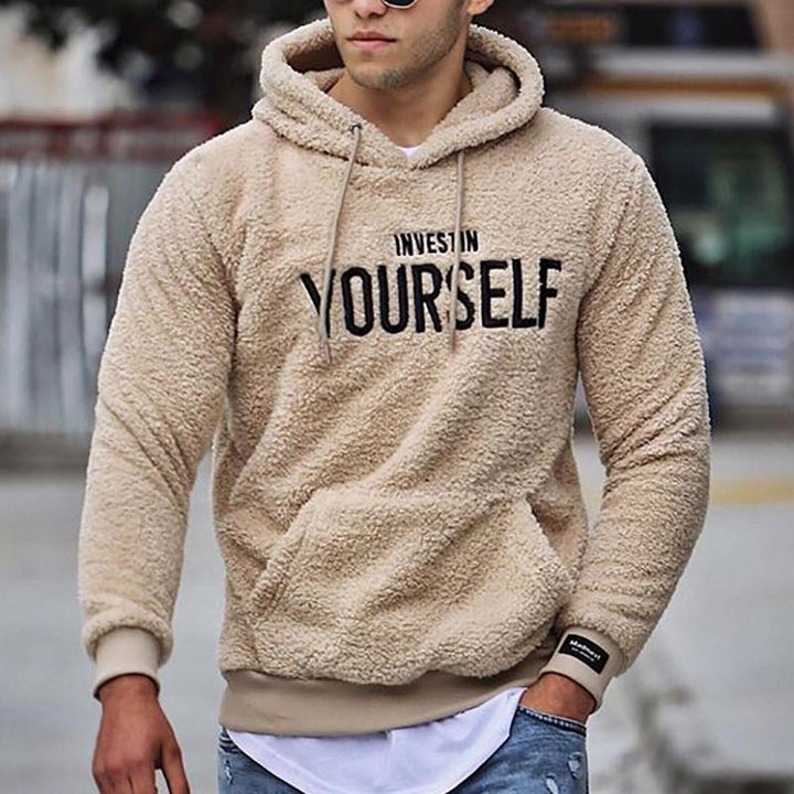 Men's Graphic Hoodie with Inspirational Text - Relaxed Fit - Beige