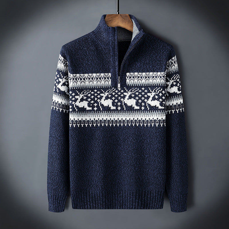 Men's Half Zip Fair Isle Sweater - Winter Knit - Blue