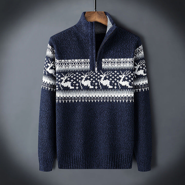 Men's Half Zip Fair Isle Sweater - Winter Knit - Blue