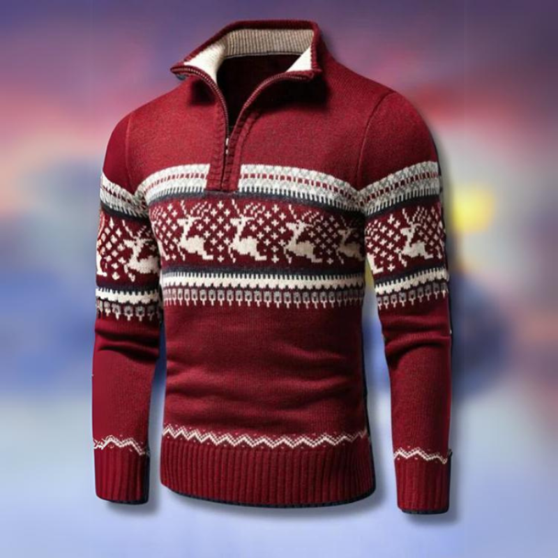 Men's Half Zip Fair Isle Sweater - Winter Knit - Red