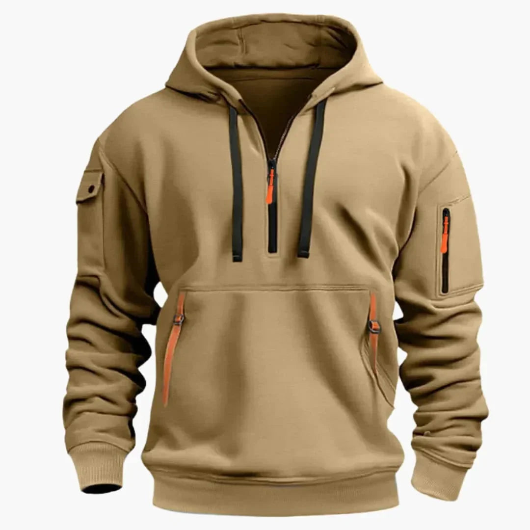 Men's Half-Zip Hoodie with Zip Pockets in khaki, Structured Knit