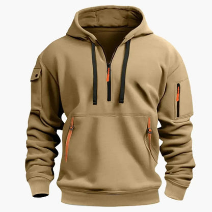 Men's Half-Zip Hoodie with Zip Pockets in khaki, Structured Knit