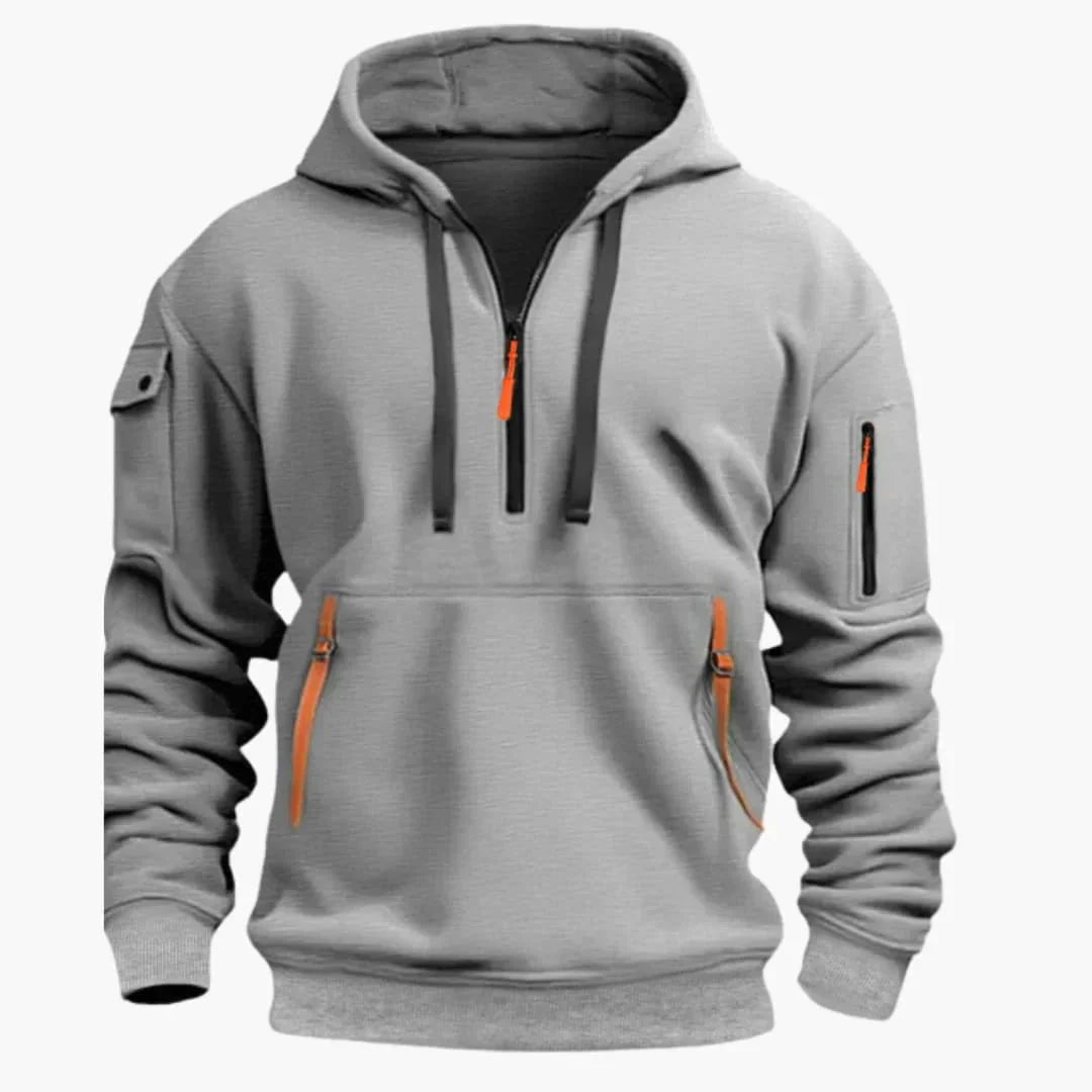 Men's Half-Zip Hoodie with Zip Pockets in light grey, Structured Knit