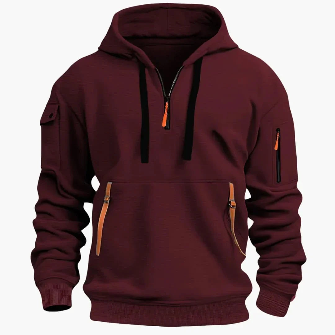 Men's Half-Zip Hoodie with Zip Pockets in red, Structured Knit
