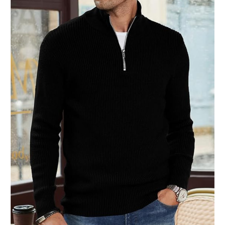 Men's Half-Zip Knit Sweater - Warm Pullover - Black