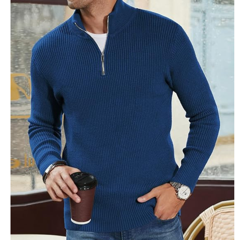 Men's Half-Zip Knit Sweater - Warm Pullover - Blue