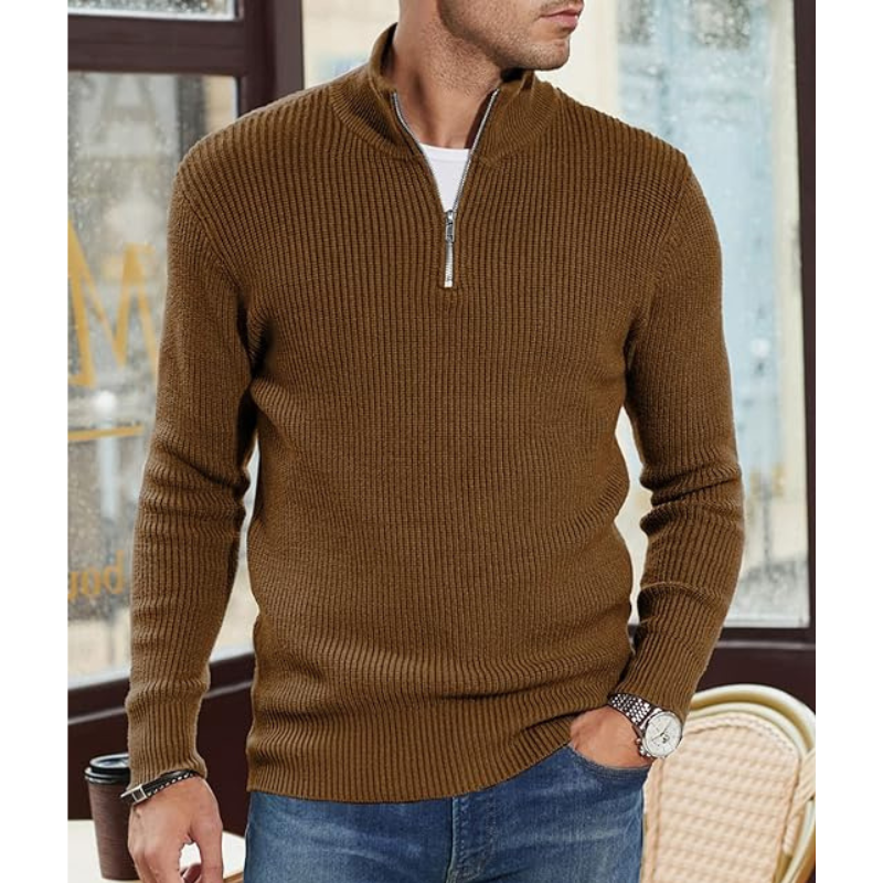 Men's Half-Zip Knit Sweater - Warm Pullover - Brown