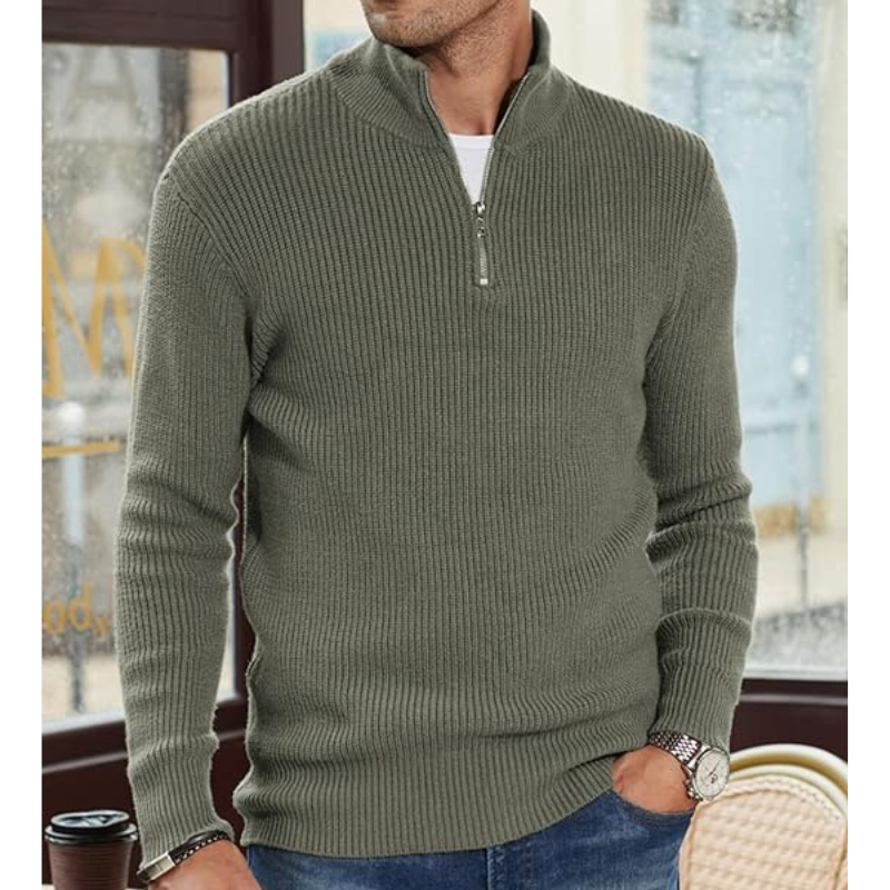Men's Half-Zip Knit Sweater - Warm Pullover - Green